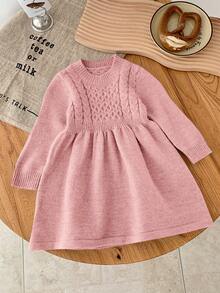 SHEIN 女婴可爱简约蓝色长袖毛衣连衣裙，秋冬季 - 粉色 - 查看 4
