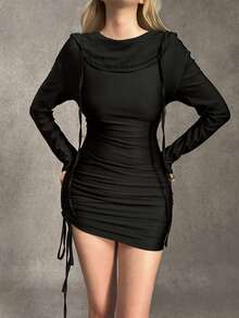 Ardnt 黑暗朋克风格甜辣末日主题派对收腰针织长袖连帽不对称下摆独特设计女式连衣裙，秋季 - 黑色 - 查看 6