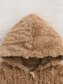 Cozy Pixies 新生男宝宝卡通熊图案连帽抓绒连体衣 - 棕色 - 查看 5