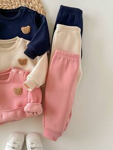 新生女婴可爱针织保暖长袖运动衫和裤子套装，秋冬 - 彩色 - 查看 3