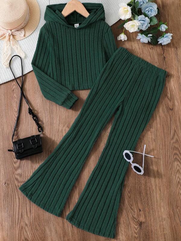 SHEIN Tween Girl  Solid Color Ribbed Hooded Sweatshirt And Flare Pants Casual 2 Pieces Set, Spring Fall