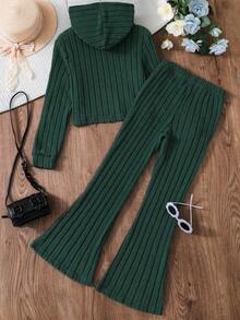 SHEIN Tween Girl 纯色罗纹连帽运动衫和喇叭裤休闲两件套，春秋季 - 墨綠色 - 查看 2