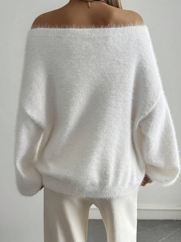 Loose Casual Elegant Off Shoulder Knit Sweater For Women, Suitable For Autumn & Winter