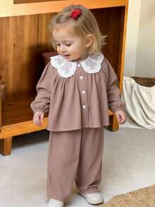 SHEIN Baby Girl 6Months-3year 2pcs/Set Fall Outfits For Girl Casual Daily Style Loose Suit, Long Sleeves Peter Pan Collar Button Top&Long Simple Basic Pants - Apricot - View 4