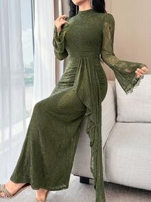 Feyla Vestido de manga larga con volantes en el bajo, unicolor y minimalista, para uso casual diario de mujer - Verde militar - Ver 3