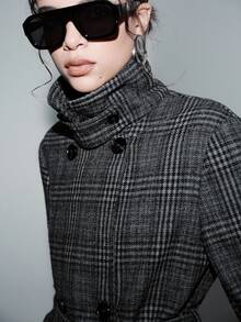 Lumivelle 女士冬季外套，弧形领饰，格子羊毛面料，双排扣，长款 - 灰色 - 查看 6