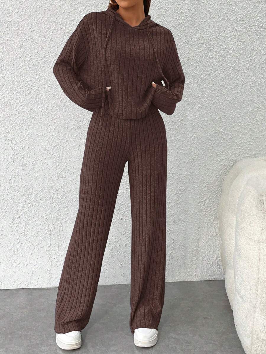 SHEIN PETITE Bộ 2 món áo hoodie và quần trơn màu thường ngày dành cho nữ - màu nâu - Xem 1