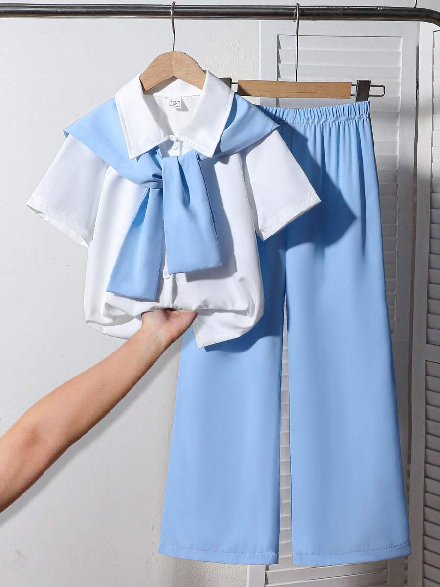 3pcs/Set Tween Girls' Blue Short Sleeve Shirt, Pink Shrug And Casual Pants Spring/Summer Korean Fashion Outfits Summer Holiday - White - View 1