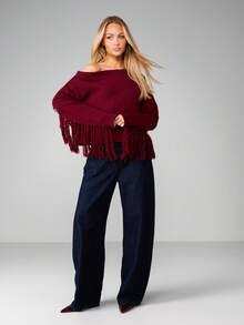 MISSGUIDED 女士酒红色露肩粗针织毛衣，带流苏长袖宽松秋冬套头衫，圣诞节 - 酒紅色 - 查看 5