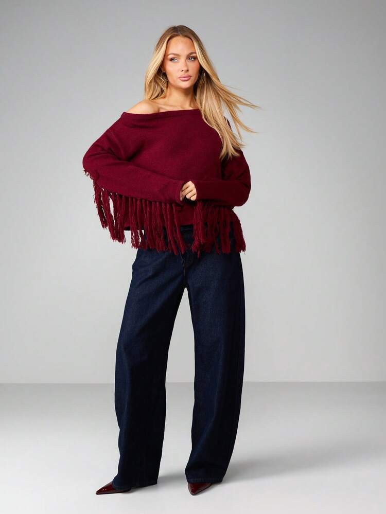 MISSGUIDED Women Burgundy Off Shoulder Chunky Knit Sweater With Fringe Long Sleeve Oversized Winter Fall Pullover Jumper Christmas - Burgundy - View 5