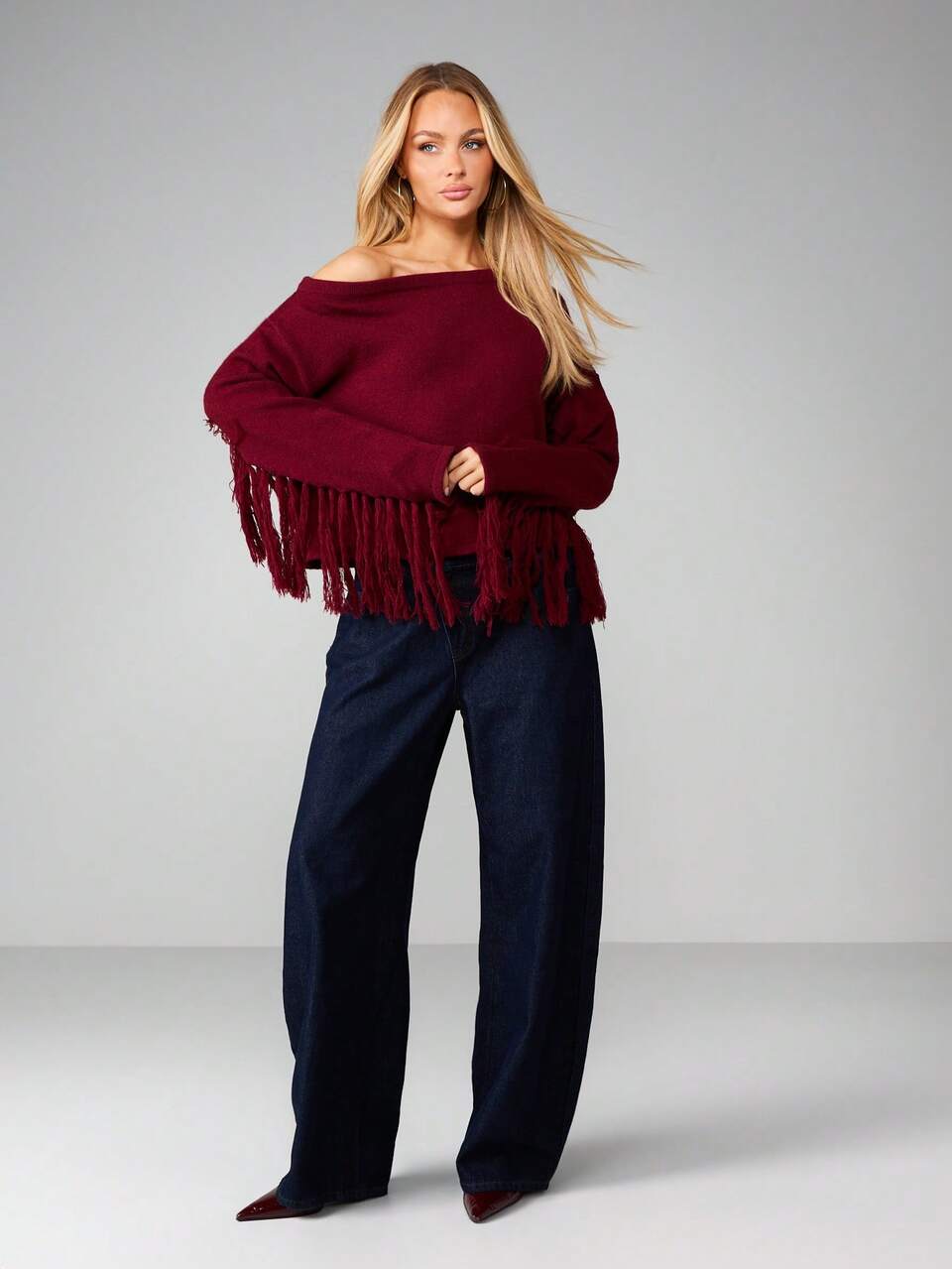 MISSGUIDED Off Shoulder Chunky Knit Sweater With Fringe Christmas