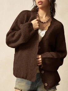 Bohemela 波西米亚风秋冬外套，女士圣诞复古宽松纯色杏色蕾丝前襟纽扣休闲针织超大号毛绒开衫，西部乡村风格音乐会度假装，适合度假、日常穿着、返校、外出、圣诞节、新年等场合。 - 棕色 - 查看 6