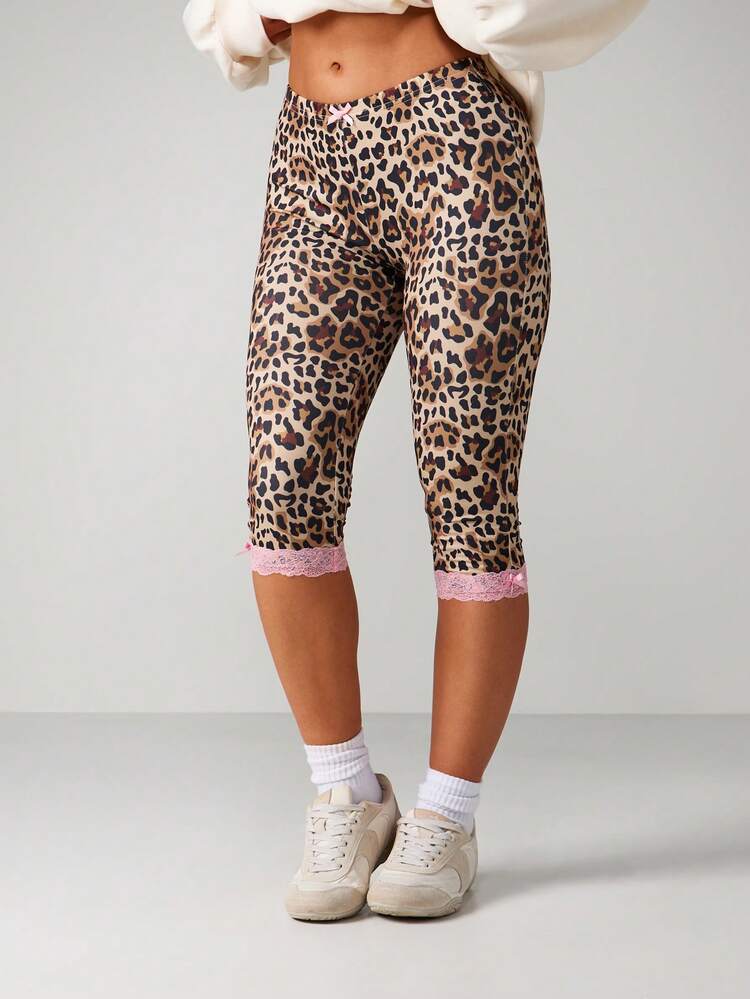 Missguided x Playboy Leopard Print High Waisted Leggings With Pink Lace Trim Capri Pants For Casual Everyday Wear