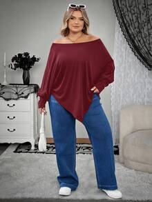 SHEIN CURVE+ 大码女式不对称下摆蝙蝠袖纯色斜肩宽松休闲上衣T恤，适合秋季穿着，冬季女装，大码女装，适合万圣节/秋季/冬季穿着。 - 酒紅色 - 查看 7