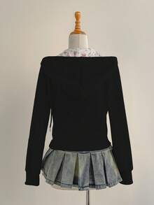 Elamini 女士灰色碎花连帽拉链运动衫，带口袋，休闲简约百搭舒适套头衫，适合户外、运动、家居服和日常穿着 - 黑色 - 查看 2