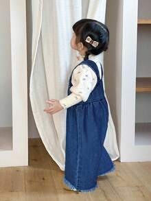 SHEIN Baby Girl Dark Blue Denim Loose Flared Hem Jumpsuit - Medium Wash - View 4