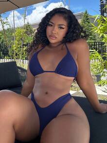 Alexandranx 女士纯色露背系带比基尼套装，简约时尚，适合海滩、休闲日常穿着 - 藍色 - 查看 6