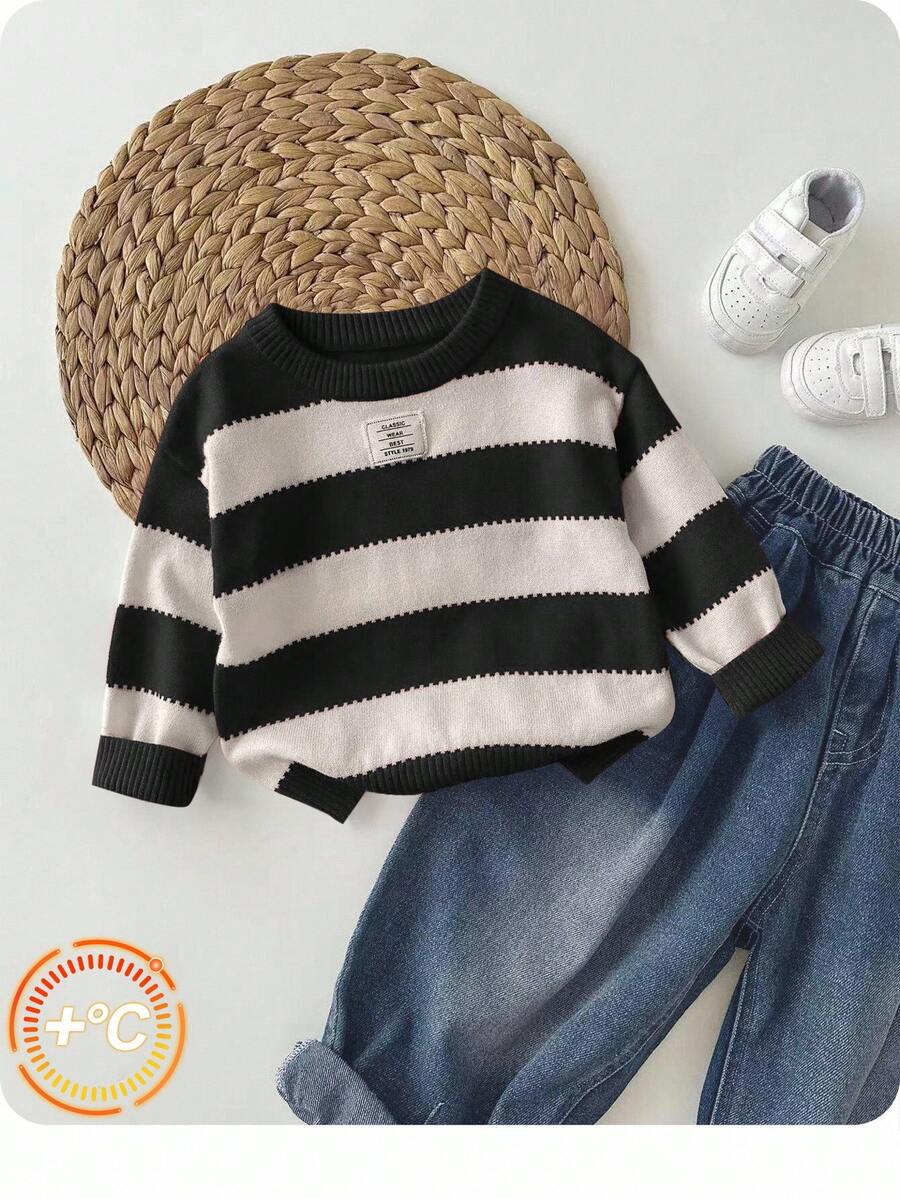 SHEIN Babygirl Casual Striped Long Sleeve Sweater, Versatile For Autumn/Winter - Black - View 1