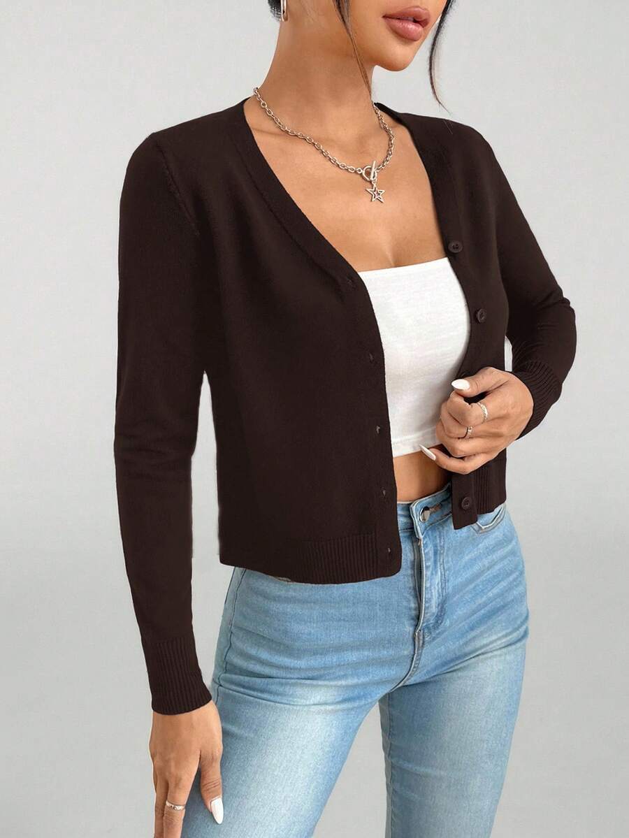 SHEIN PETITE Solid Button Up Cardigan,Knitted Sweater In Fall/Summer And Summer - Brown - View 1