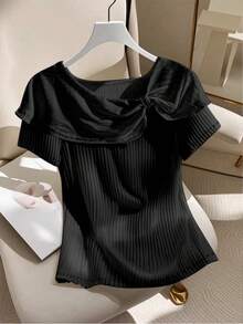 SHEIN EMERY ROSE CURVE 大码女式纯色扭结短袖罗纹休闲百搭T恤 - 黑色 - 查看 1
