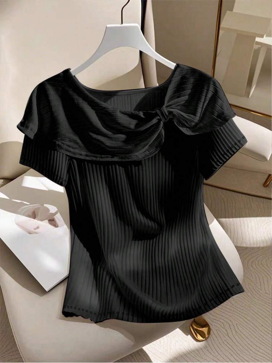 SHEIN EMERY ROSE CURVE 大码女式纯色扭结短袖罗纹休闲百搭T恤 - 黑色 - 查看 1