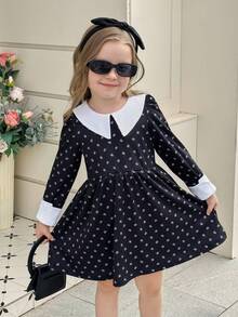 Young Girl Peter Pan Collar All-Over Print Long Sleeve Cute Dress