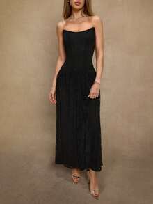 SHEIN BAE Schwarzes ärmelloses Spitzenkleid mit V-Ausschnitt, Taillenschlitz und Raffung für Damen, geeignet für Cocktailpartys, romantische Dates, Herbst-/Winterschichten, Zusammenkünfte, Partys, Nachtclubs, Halloween, Weihnachten - Schwarz - Übersicht 7