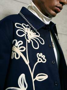 AKNOTIC 男士时尚钩针单排扣长袖羽绒服，秋冬款 - 藍色 - 查看 2