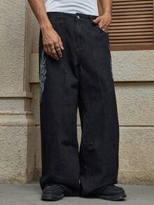 AXEPEAK Jeans casuales de pierna ancha y bolsillo con estampado de llamas para hombres - Negro - Ver 5