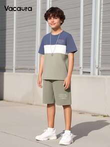 SHEIN Boys Colourblock Slogan Graphic Tee & Shorts Without Necklace