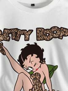 Betty Boop x SHEIN Women's Casual Letter & Figure Graphic Crew Neck Sweatshirt, Autumn Cute Sweatshirt Leopard Print Top Graphic Sweatshirts Cartoon Sweatshirt - White - View 5