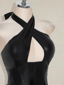 SHEIN ICON 大码女式黑色皮革吊带连衣裙 - 黑色 - 查看 5