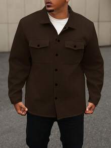 Manfinity Homme Plus Size Men's Long Sleeve Casual Shirt Jacket, Solid Color - Bronze - View 3