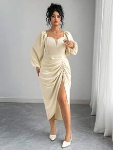 Elenzga Plus Size Women Elegant Romantic Ruffle Hem Slit Waist Fitted Sweetheart Neck Long Sleeve Dress, Autumn/Winter - Apricot - View 4