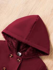 SHEIN Elladie kids 女童卡其色保暖连帽双排扣时尚外套，适合日常休闲穿着 - 酒紅色 - 查看 7