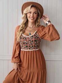 LanaWest 女式复古棕色时尚优雅方领多色花卉镂空钩针拼布长袖松紧腰宽松下摆波西米亚风格长裙，适合度假、日常穿着、茶会 - 棕色 - 查看 6