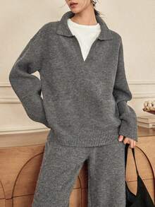 Dazy-Less 女士宽松商务休闲优雅针织毛衣连帽衫和直筒运动裤两件套，适合秋季、冬季、新年、圣诞节 - 灰色 - 查看 1