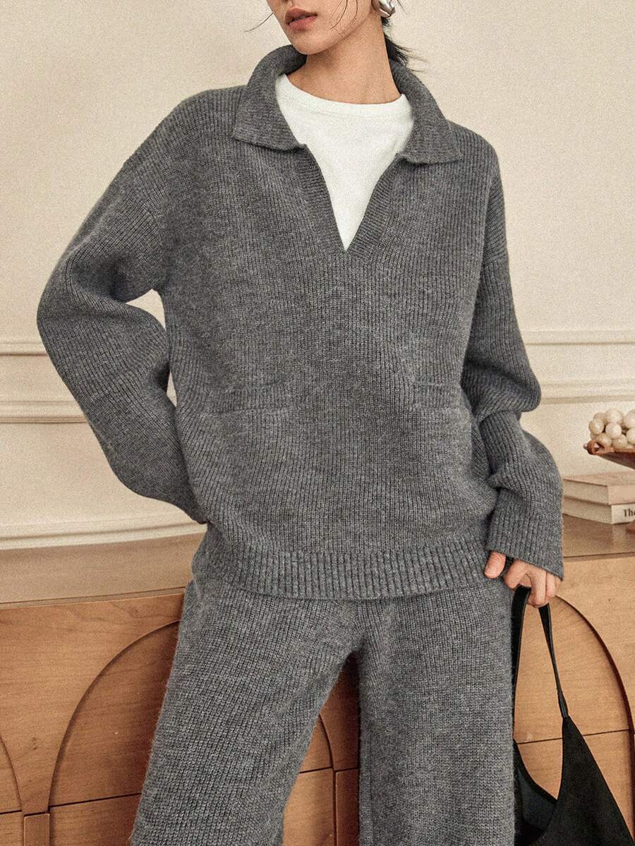 Dazy-Less 女士宽松商务休闲优雅针织毛衣连帽衫和直筒运动裤两件套，适合秋季、冬季、新年、圣诞节 - 灰色 - 查看 1