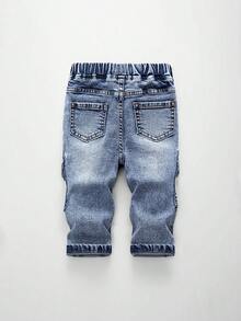 SHEIN Quần denim túi hộp dáng ôm màu xanh nhạt, đơn giản, dễ phối đồ cho bé trai, cạp chun, thoải mái và đa năng khi mặc hàng ngày, sản phẩm thời trang dành cho bé yêu - Rửa trung bình - Xem 3