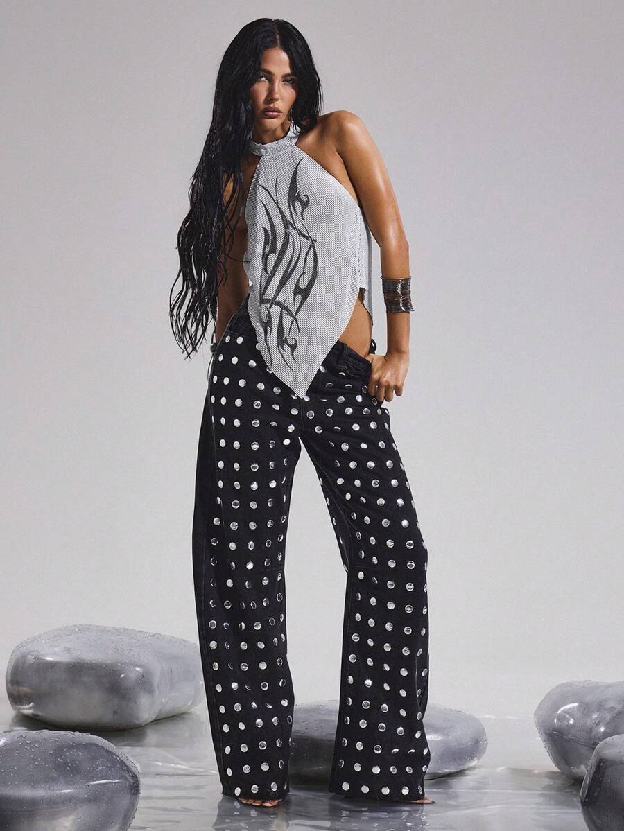 MUSERA Jeans de tiro medio con ajuste holgado, pierna recta, con tachuelas de espejo. Elegante y sexy para ocasiones de fiesta y primavera-verano - Negro - Ver 1