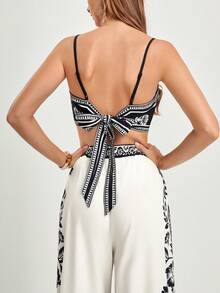 CAJUNI 女士休闲度假印花露背系带短款吊带背心和阔腿裤套装，女士两件套夏季服装，波西米亚风两件套，节日两件套，女士两件套夏季服装，节日两件套，波西米亚风两件套 - 黑與白 - 查看 3