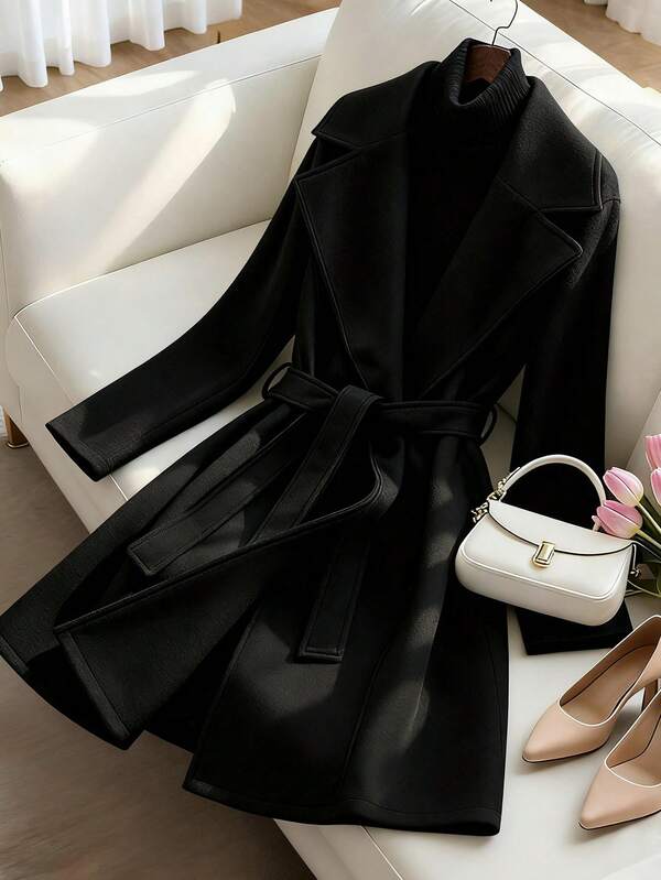 Regalyn Plus Size Women's Solid Color Waist Belt Elegant Long Sleeve Jacket, Coat For Autumn/Winter