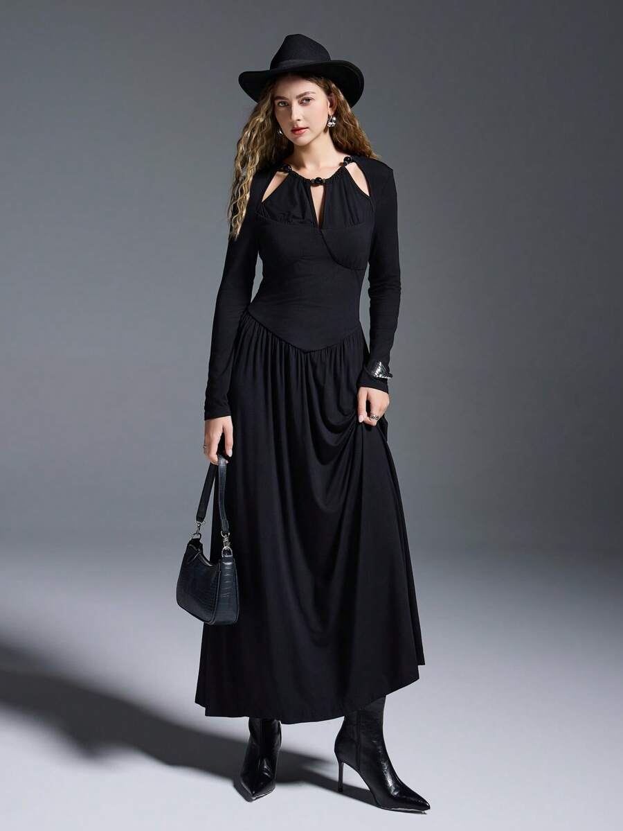 MYSTAURA Minimalist Design Fitted Halter Pearl Chain Long Sleeve Dress For Women - Black - View 1
