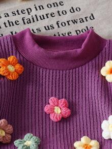 SHEIN Baby Girl Blue Knitted 3D Floral Pullover Sweater + Straight Leg Pants Set, Autumn/Winter - Purple - View 5
