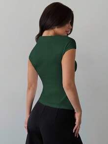 Firerie Women's Asymmetric Shoulder Wrap Ruched Waist Tight Fitting T-Shirt, Elegant Modest Daily Commute, Spring/Summer - Dark Green - View 6