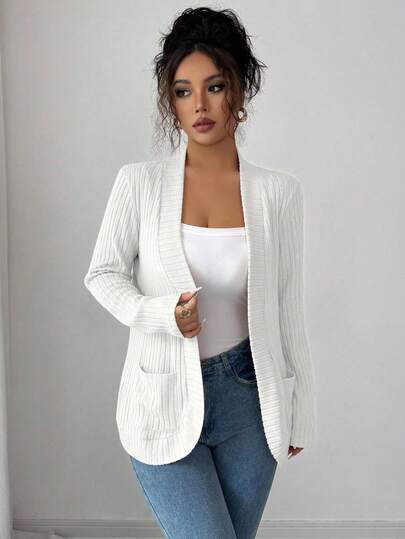 SHEIN PETITE 女式休闲罗纹拉绒前开侧袋短款轻便夹克