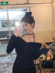 DAZY Women's Cross Off-Shoulder Korean Style Tie-Up Long Sleeve T-Shirt, Spring/Autumn Cute Tops - Navy Blue - View 5