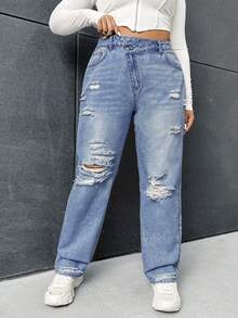 SHEIN ICON Plus Size Casual Washed Distressed Asymmetric Waist Jeans - Medium Wash - View 6
