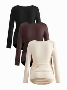 Modmama Maternity Solid Color Square Neck Long Sleeve Ruched Fitted T-Shirt Pregnancy Clothing Maternity Tops Pregnancy Shirts Curve Maternity Clothes Maternity Shirts For Women