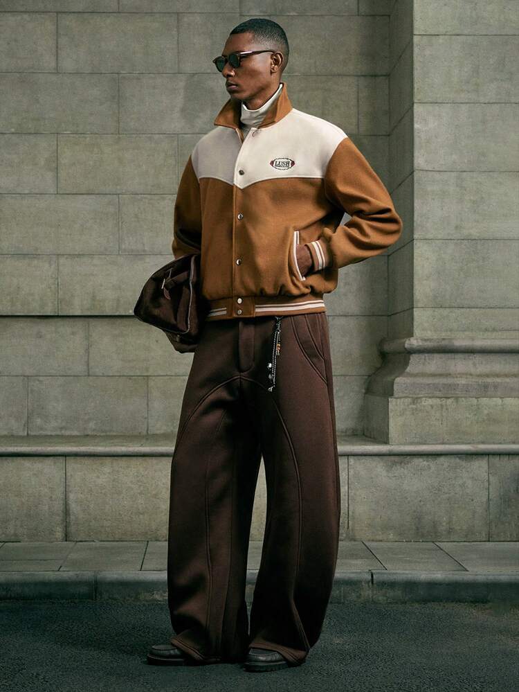 Men's Casual Embroidery Letter Pattern Colorblock Long Sleeve Jacket, Christmas, New Year Glamour